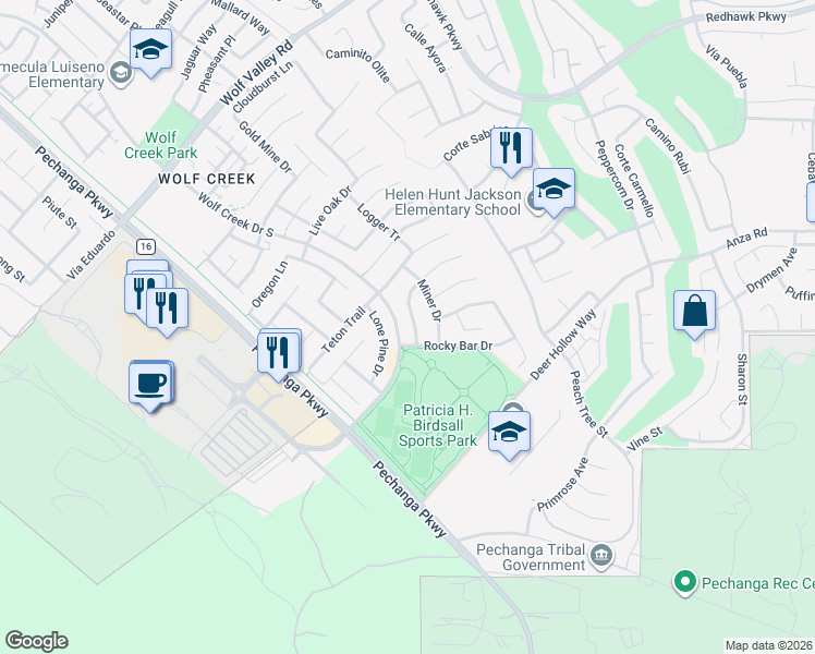 map of restaurants, bars, coffee shops, grocery stores, and more near 46331 Hunter Trail in Temecula