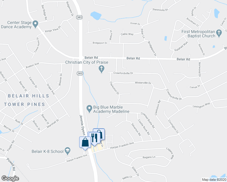 map of restaurants, bars, coffee shops, grocery stores, and more near 2017 Clarkston Drive in Augusta