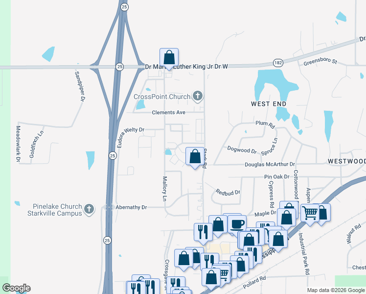 map of restaurants, bars, coffee shops, grocery stores, and more near 1087 Stark Road in Starkville