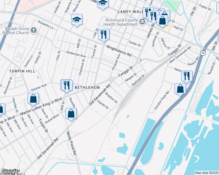 map of restaurants, bars, coffee shops, grocery stores, and more near 25 Gregg Street in Augusta