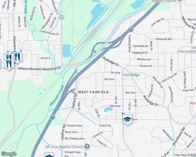 map of restaurants, bars, coffee shops, grocery stores, and more near 520 12th Avenue in Midfield