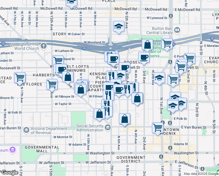 map of restaurants, bars, coffee shops, grocery stores, and more near 702 North 7th Avenue in Phoenix