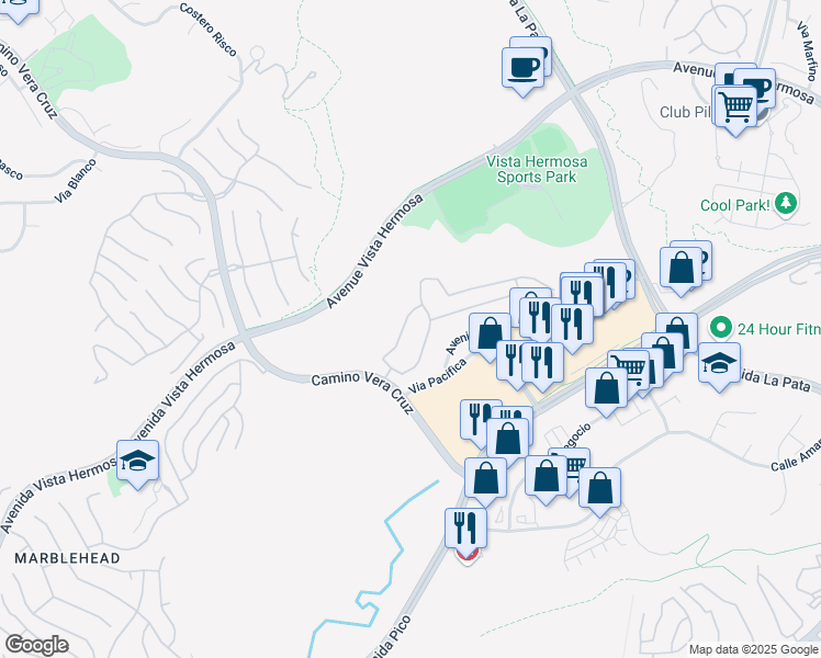 map of restaurants, bars, coffee shops, grocery stores, and more near 34 Via Palacio in San Clemente
