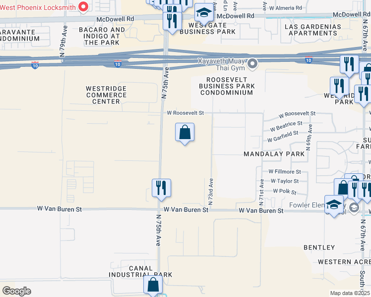 map of restaurants, bars, coffee shops, grocery stores, and more near 601 North 75th Avenue in Phoenix