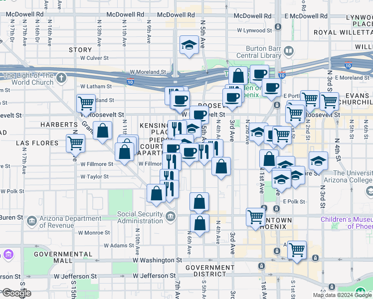 map of restaurants, bars, coffee shops, grocery stores, and more near 640 North 6th Avenue in Phoenix