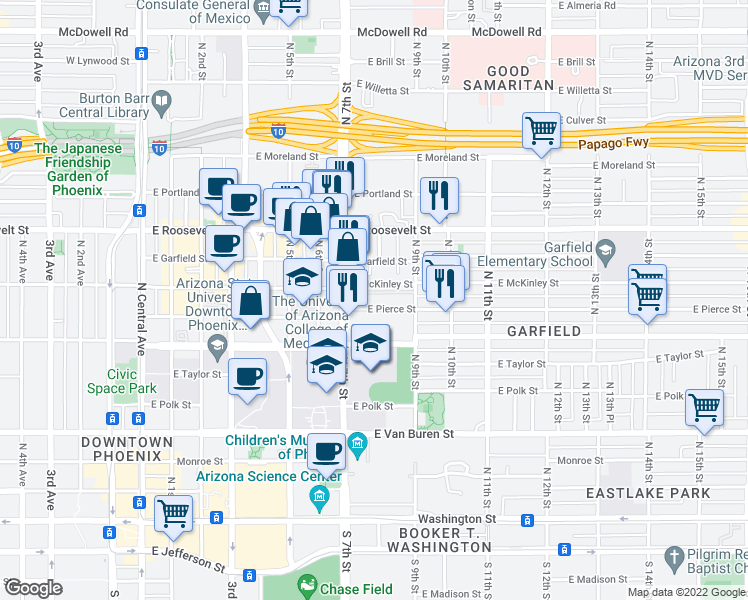map of restaurants, bars, coffee shops, grocery stores, and more near 728 East Pierce Street in Phoenix