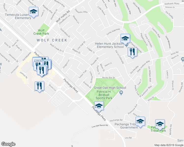 map of restaurants, bars, coffee shops, grocery stores, and more near 46272 Lone Pine Drive in Temecula