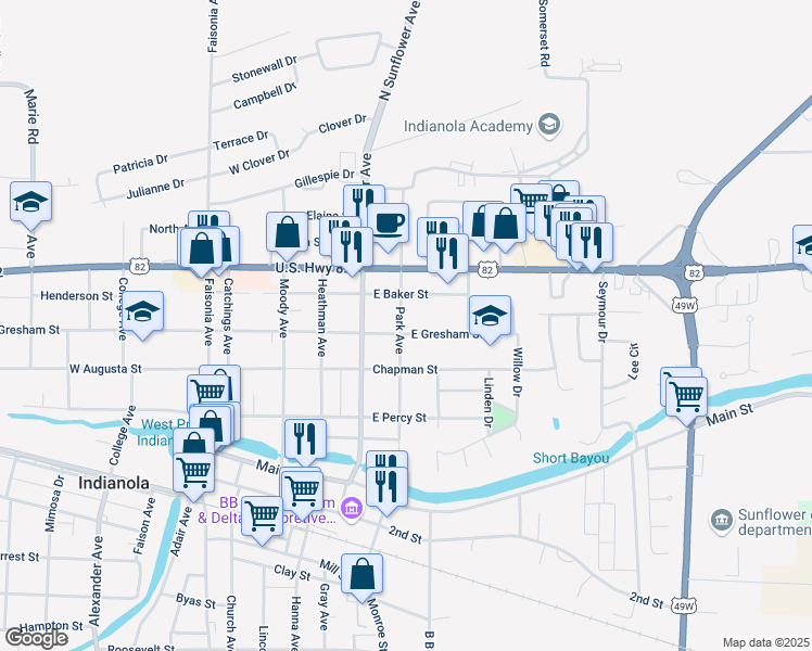 map of restaurants, bars, coffee shops, grocery stores, and more near 501 East Gresham Street in Indianola