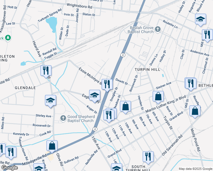 map of restaurants, bars, coffee shops, grocery stores, and more near 1503 Essie McIntyre Boulevard in Augusta