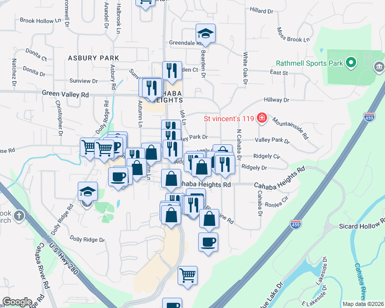 map of restaurants, bars, coffee shops, grocery stores, and more near 3205 Ridgely Court in Vestavia Hills