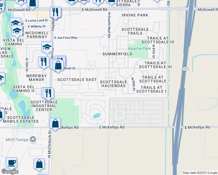 map of restaurants, bars, coffee shops, grocery stores, and more near 885 North Granite Reef Road in Scottsdale