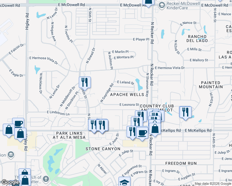 map of restaurants, bars, coffee shops, grocery stores, and more near 5721 East Lawndale Street in Mesa