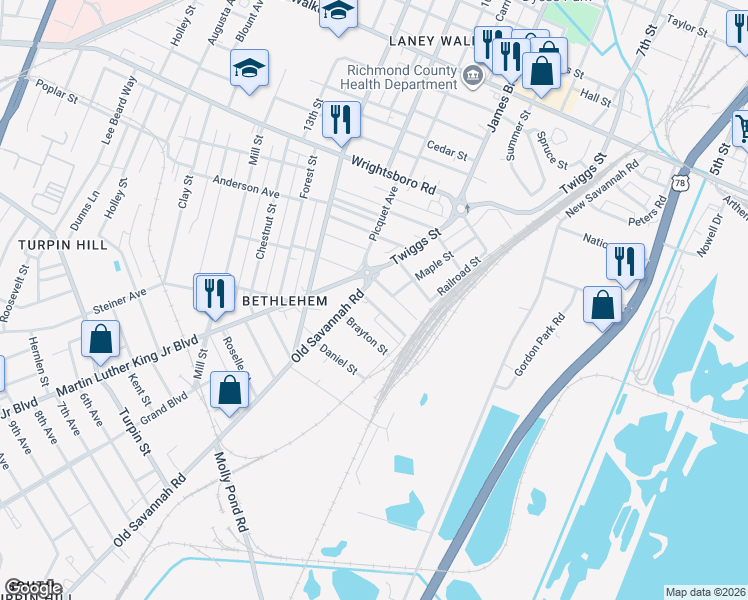 map of restaurants, bars, coffee shops, grocery stores, and more near 25 Gregg Street in Augusta