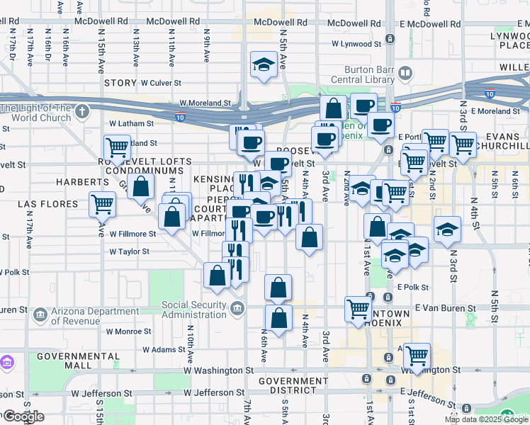 map of restaurants, bars, coffee shops, grocery stores, and more near 640 North 6th Avenue in Phoenix