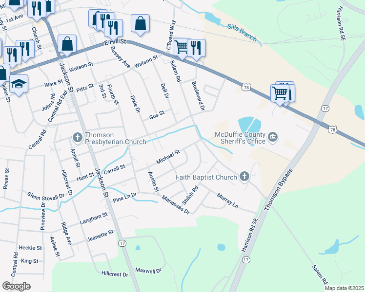 map of restaurants, bars, coffee shops, grocery stores, and more near 500 Michael Street in Thomson