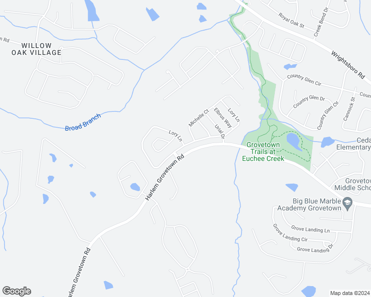 map of restaurants, bars, coffee shops, grocery stores, and more near 566 Lory Lane in Grovetown