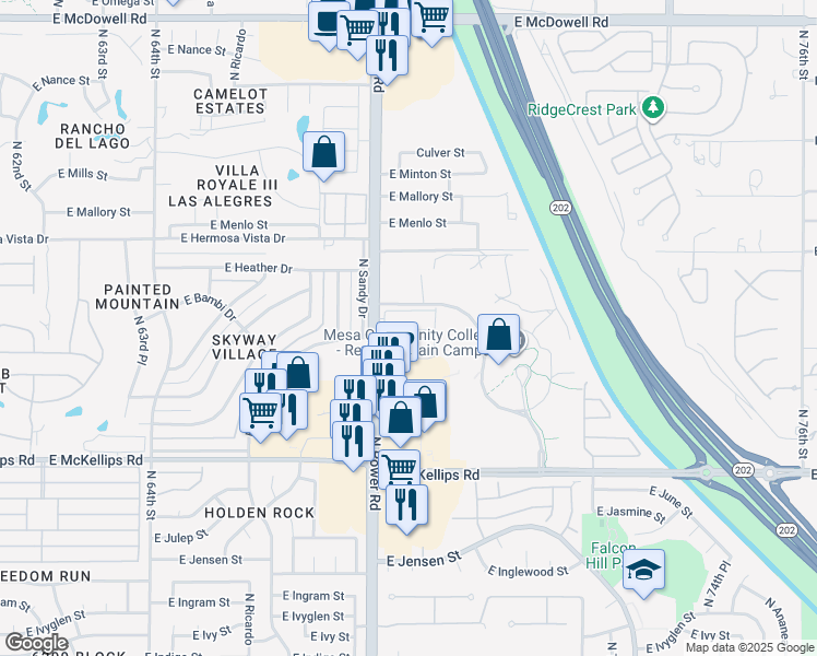 map of restaurants, bars, coffee shops, grocery stores, and more near 2217 North Power Road in Mesa