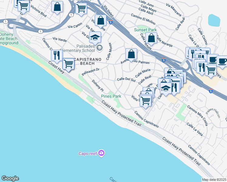 map of restaurants, bars, coffee shops, grocery stores, and more near 34872 Camino Capistrano in Dana Point