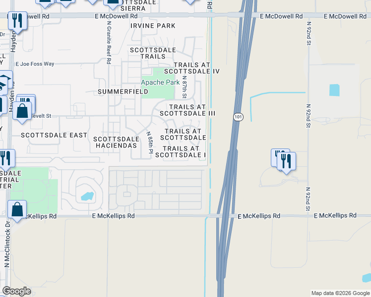 map of restaurants, bars, coffee shops, grocery stores, and more near 8678 East Roosevelt Circle in Scottsdale