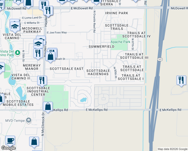map of restaurants, bars, coffee shops, grocery stores, and more near 885 North Granite Reef Road in Scottsdale