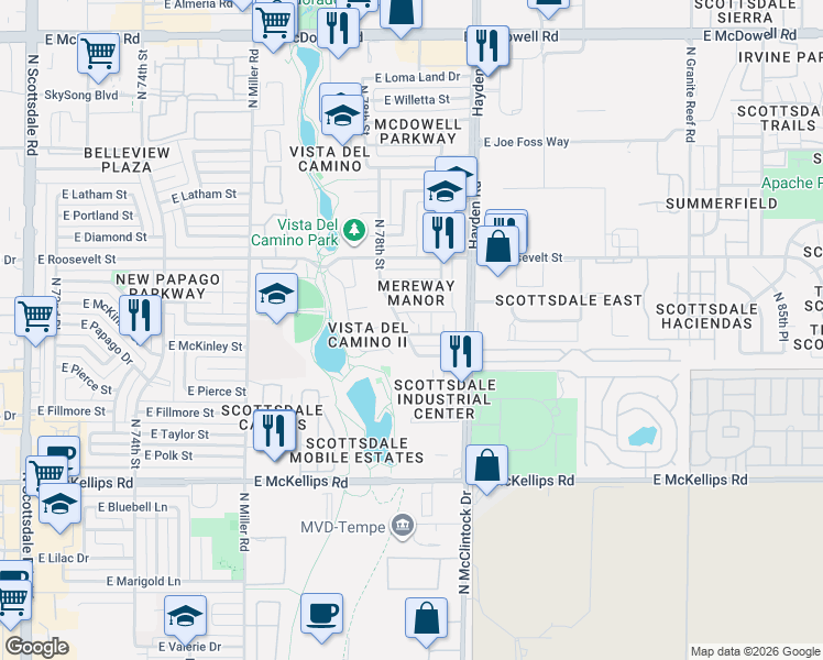 map of restaurants, bars, coffee shops, grocery stores, and more near 802 North 78th Street in Scottsdale