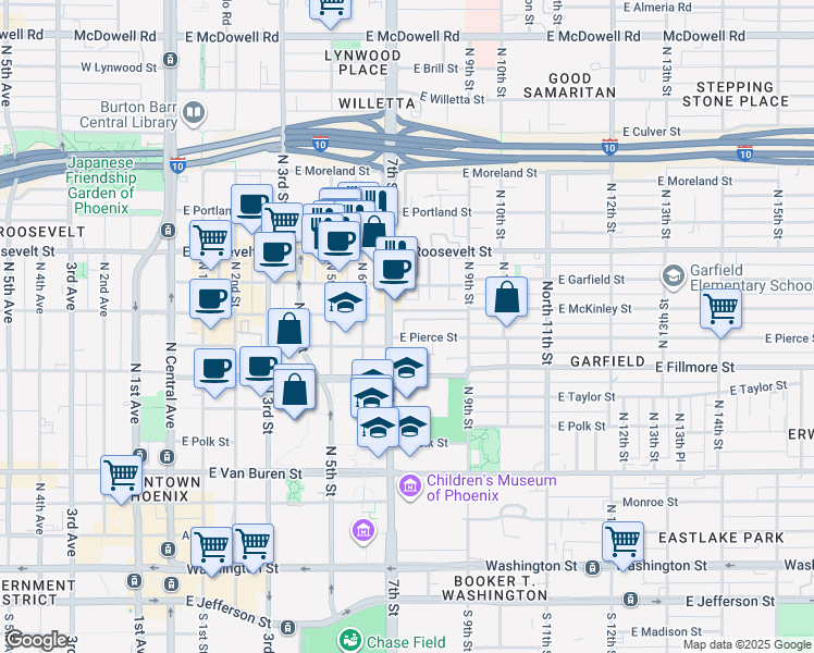 map of restaurants, bars, coffee shops, grocery stores, and more near 705 North 7th Street in Phoenix