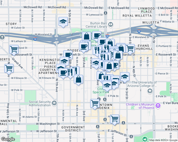 map of restaurants, bars, coffee shops, grocery stores, and more near 618 North 2nd Avenue in Phoenix