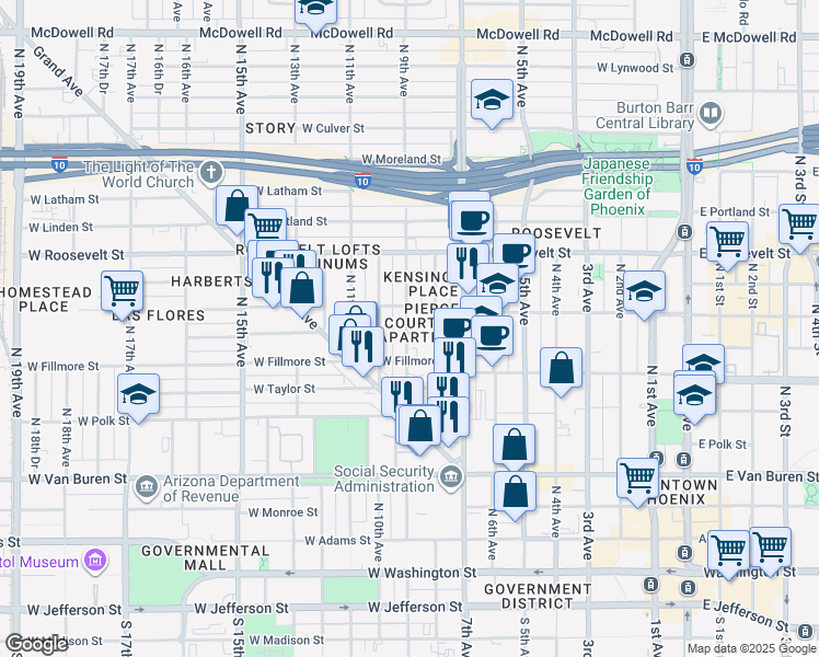 map of restaurants, bars, coffee shops, grocery stores, and more near 743 West Pierce Street in Phoenix