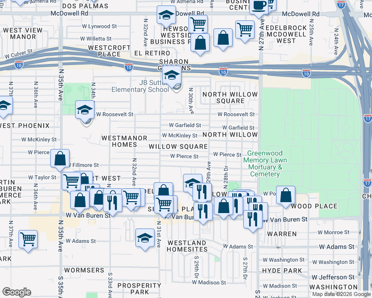 map of restaurants, bars, coffee shops, grocery stores, and more near 2940 West Pierce Street in Phoenix