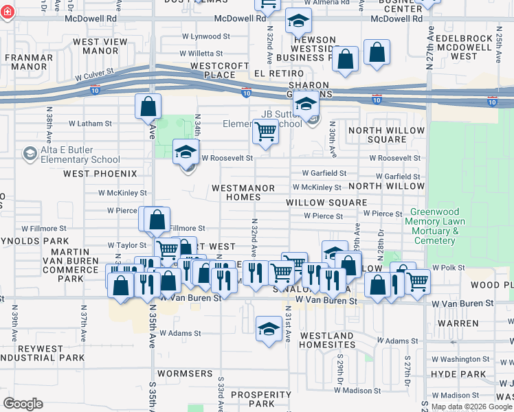 map of restaurants, bars, coffee shops, grocery stores, and more near 3144 West Pierce Street in Phoenix