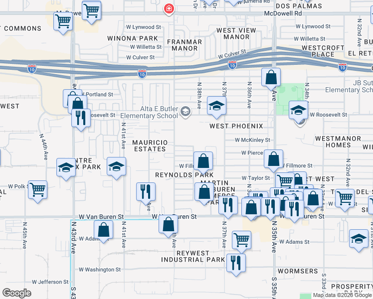 map of restaurants, bars, coffee shops, grocery stores, and more near 3800 West Pierce Street in Phoenix