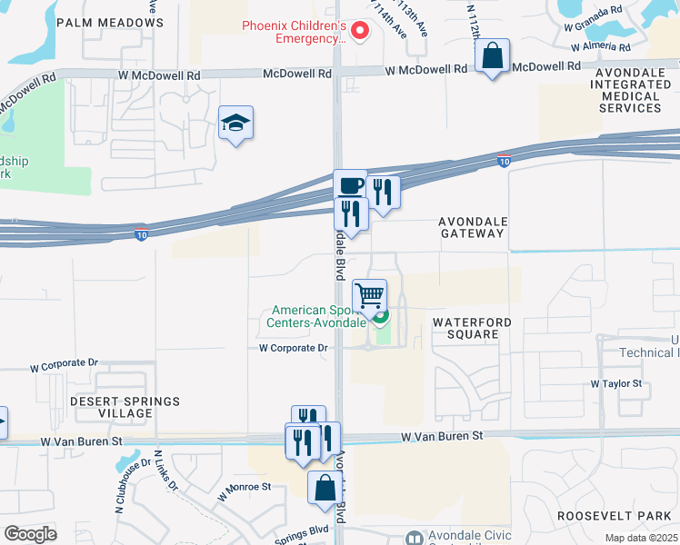 map of restaurants, bars, coffee shops, grocery stores, and more near 1025 Avondale Blvd in Avondale