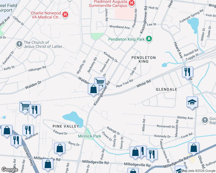 map of restaurants, bars, coffee shops, grocery stores, and more near 1762 Kissingbower Road in Augusta