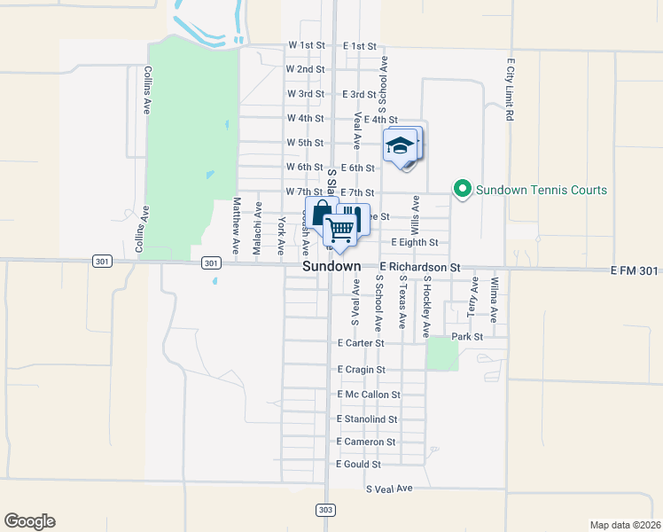 map of restaurants, bars, coffee shops, grocery stores, and more near in Sundown