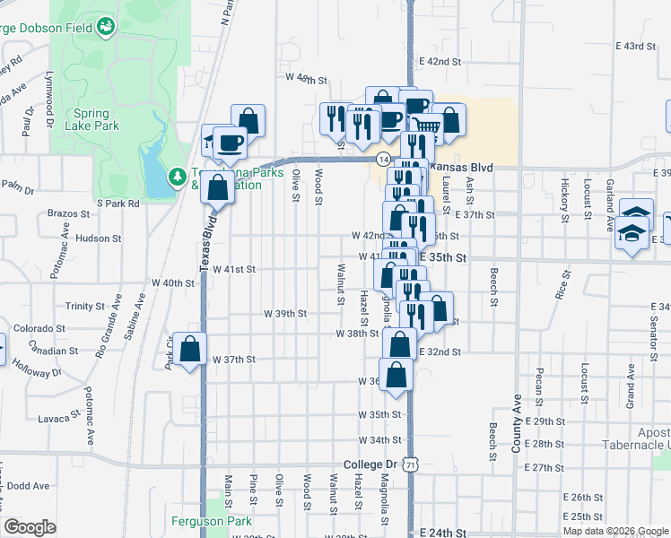 map of restaurants, bars, coffee shops, grocery stores, and more near 4008 Wood Street in Texarkana