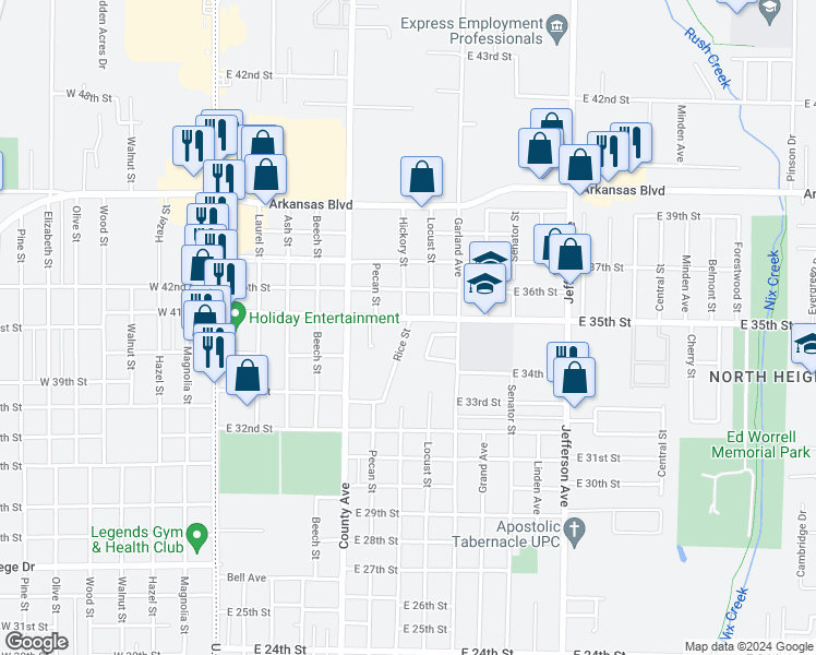 map of restaurants, bars, coffee shops, grocery stores, and more near 3410 Rice Street in Texarkana