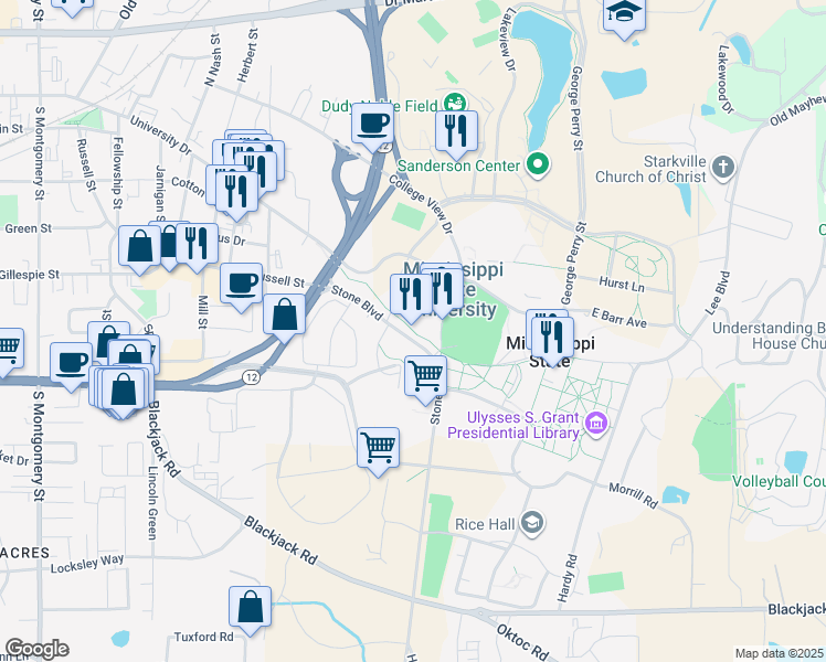 map of restaurants, bars, coffee shops, grocery stores, and more near in Mississippi State