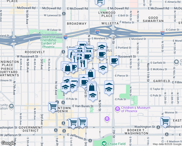 map of restaurants, bars, coffee shops, grocery stores, and more near 333 East McKinley Street in Phoenix