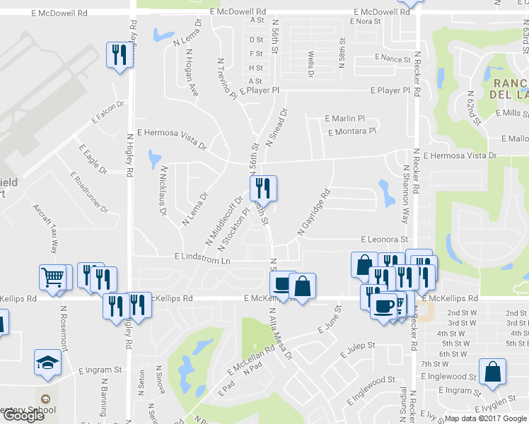 map of restaurants, bars, coffee shops, grocery stores, and more near 2245 North 56th Street in Mesa