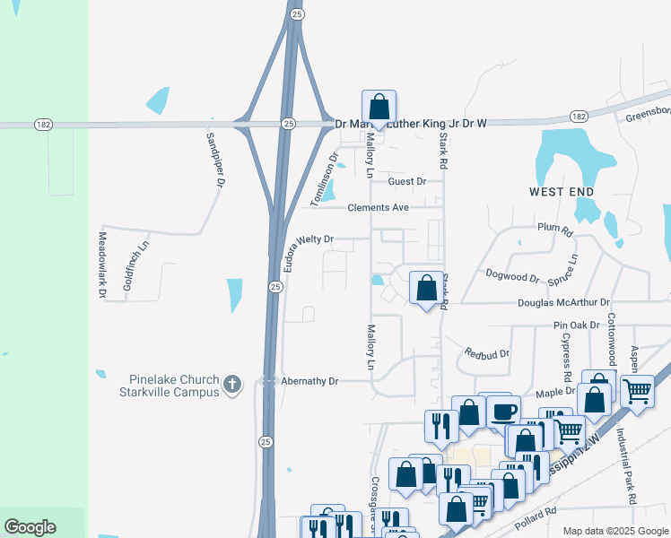 map of restaurants, bars, coffee shops, grocery stores, and more near 103 Eudora Welty Drive in Starkville