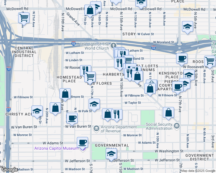map of restaurants, bars, coffee shops, grocery stores, and more near 1546 West Pierce Street in Phoenix