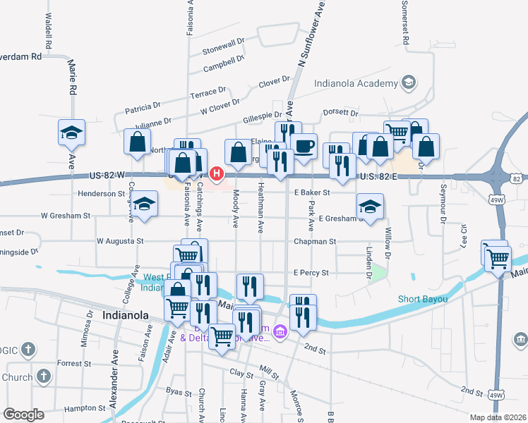 map of restaurants, bars, coffee shops, grocery stores, and more near 301 East Gresham Street in Indianola