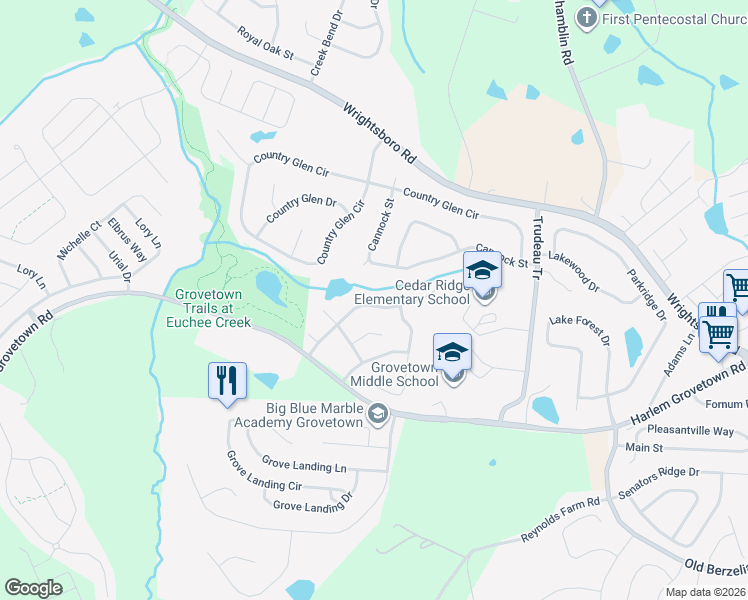 map of restaurants, bars, coffee shops, grocery stores, and more near 3015 Ashland Way in Grovetown