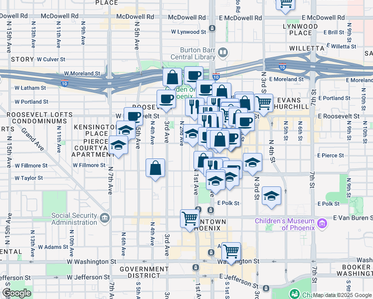 map of restaurants, bars, coffee shops, grocery stores, and more near 625 North 2nd Avenue in Phoenix