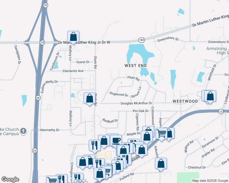 map of restaurants, bars, coffee shops, grocery stores, and more near 109-299 Dogwood Drive in Starkville