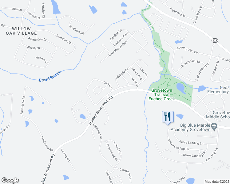 map of restaurants, bars, coffee shops, grocery stores, and more near 568 Lory Lane in Grovetown