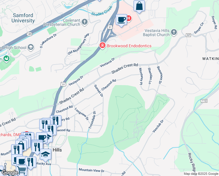map of restaurants, bars, coffee shops, grocery stores, and more near 2401 Chestnut Road in Vestavia Hills