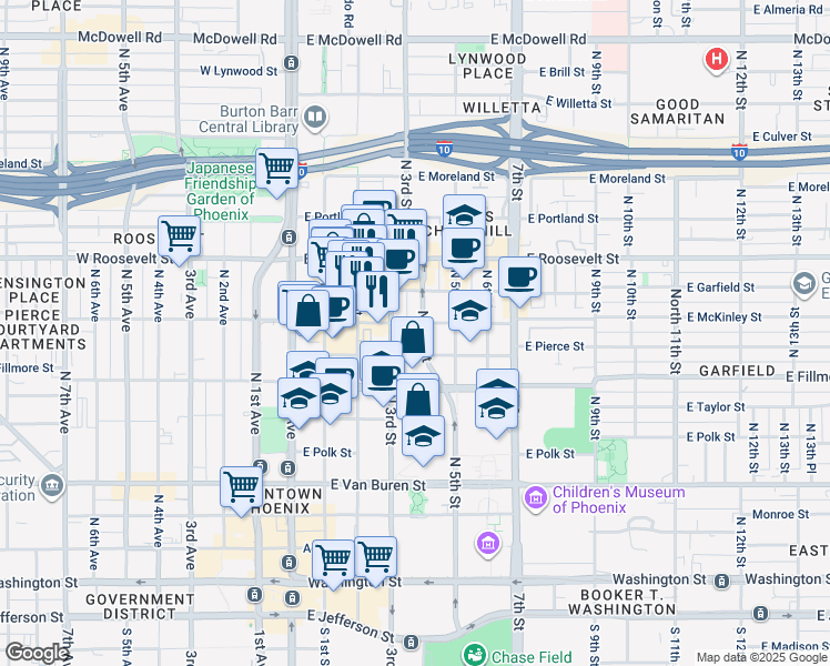 map of restaurants, bars, coffee shops, grocery stores, and more near 333 East McKinley Street in Phoenix