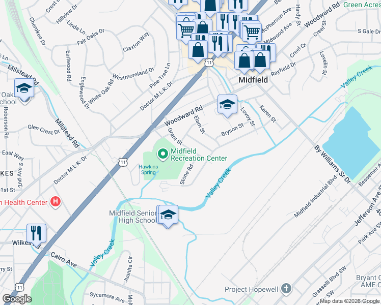 map of restaurants, bars, coffee shops, grocery stores, and more near 516 Grant Street in Birmingham