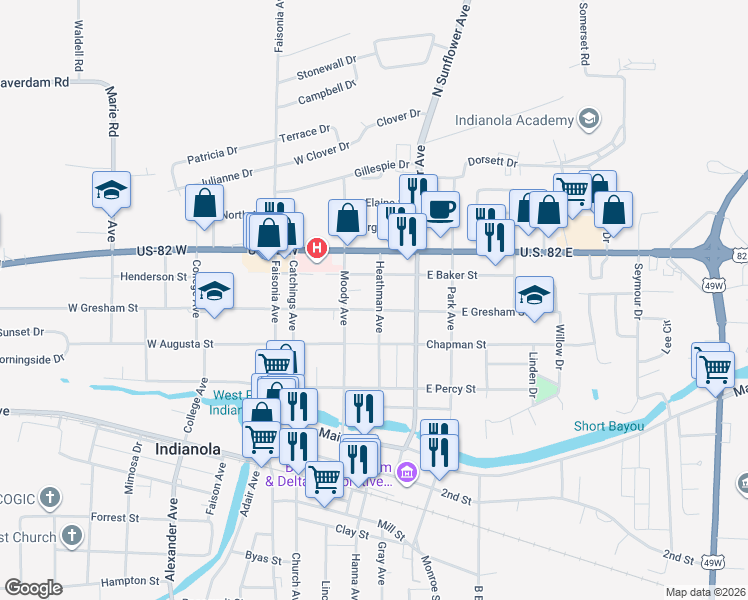 map of restaurants, bars, coffee shops, grocery stores, and more near 301-399 East Gresham Street in Indianola
